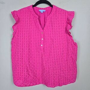 Draper James Womens Eyelet Ruffle Top Sz XXL Pink Sleeveless Boho Peasant Preppy